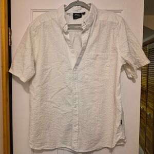 WeSC Oden Short-Sleeve Seersucker Shirt Celery Green Warp Stripe Pattern Men XXL